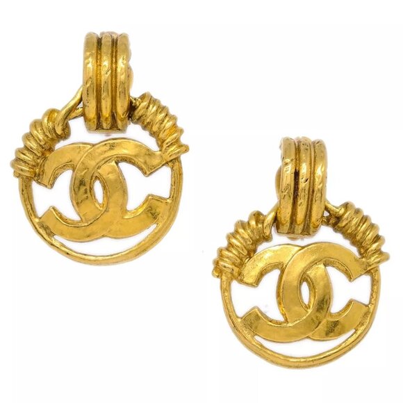 Chanel Hoop Dangle Earrings Gold Clip-On 94P - Picture 1 of 4